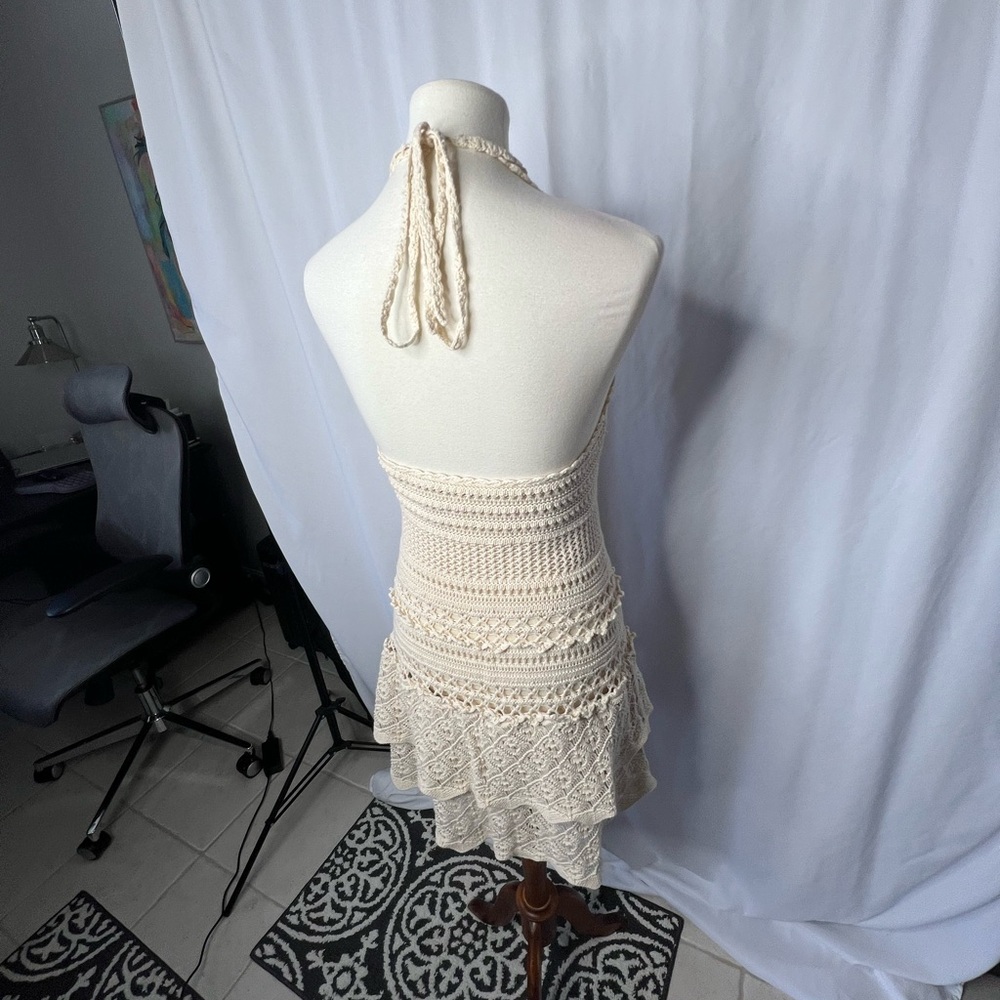 ✨ MODA International Cream Crochet Halter Dress Boho Festive Mini Dress - Medium - Picture 7 of 11